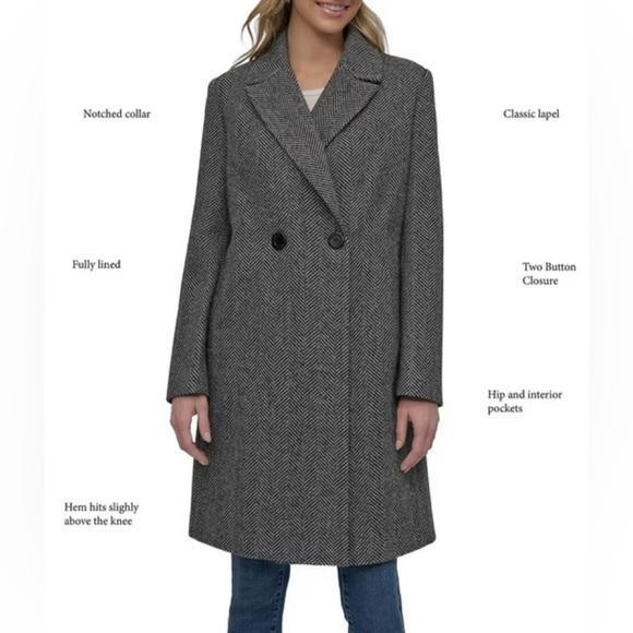 DKNY Jackets & Blazers - DKNY Women's Double Breasted Faux Wool Top Coat/Overcoat Grey/Black Herringbone